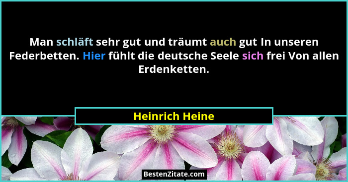 Man schläft sehr gut und träumt auch gut In unseren Federbetten. Hier fühlt die deutsche Seele sich frei Von allen Erdenketten.... - Heinrich Heine