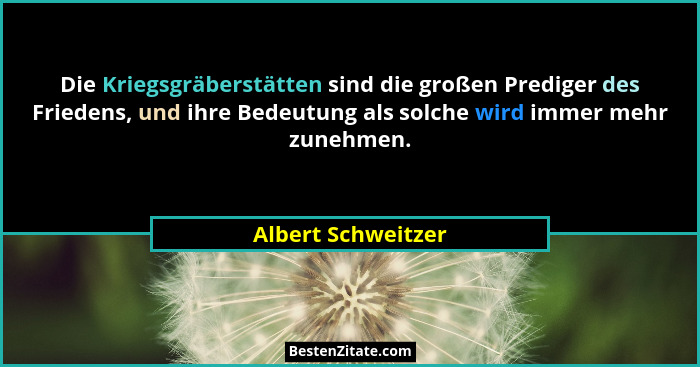 Die Kriegsgräberstätten sind die großen Prediger des Friedens, und ihre Bedeutung als solche wird immer mehr zunehmen.... - Albert Schweitzer