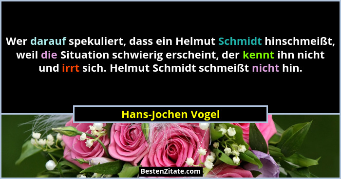 Wer darauf spekuliert, dass ein Helmut Schmidt hinschmeißt, weil die Situation schwierig erscheint, der kennt ihn nicht und irrt s... - Hans-Jochen Vogel