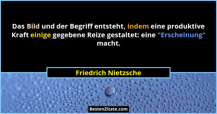 Das Bild und der Begriff entsteht, indem eine produktive Kraft einige gegebene Reize gestaltet: eine "Erscheinung" macht... - Friedrich Nietzsche