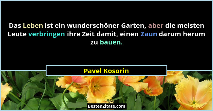 Das Leben ist ein wunderschöner Garten, aber die meisten Leute verbringen ihre Zeit damit, einen Zaun darum herum zu bauen.... - Pavel Kosorin