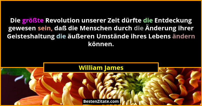 Die größte Revolution unserer Zeit dürfte die Entdeckung gewesen sein, daß die Menschen durch die Änderung ihrer Geisteshaltung die äu... - William James