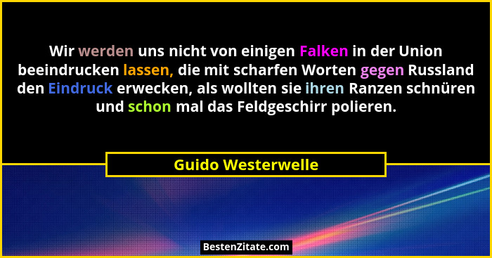 Wir werden uns nicht von einigen Falken in der Union beeindrucken lassen, die mit scharfen Worten gegen Russland den Eindruck erwe... - Guido Westerwelle