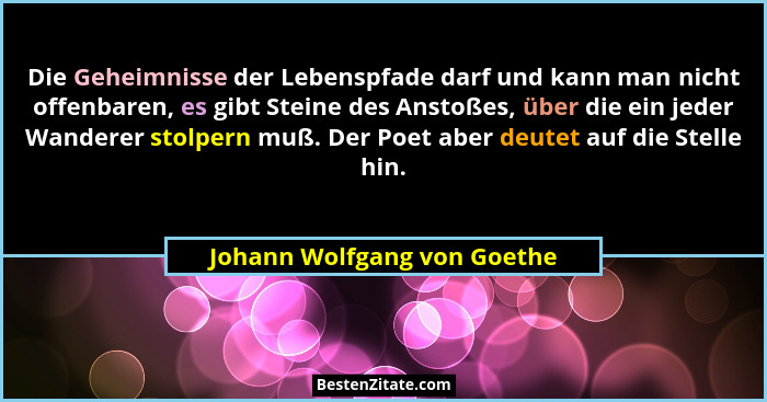 Die Geheimnisse der Lebenspfade darf und kann man nicht offenbaren, es gibt Steine des Anstoßes, über die ein jeder Wande... - Johann Wolfgang von Goethe