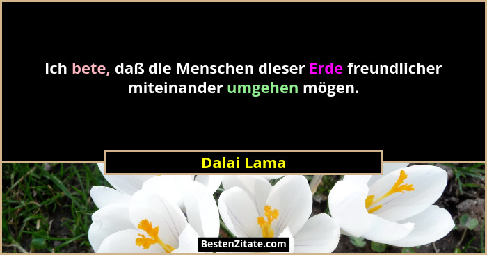 Ich bete, daß die Menschen dieser Erde freundlicher miteinander umgehen mögen.... - Dalai Lama