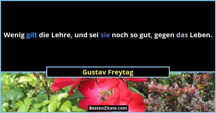 Wenig gilt die Lehre, und sei sie noch so gut, gegen das Leben.... - Gustav Freytag