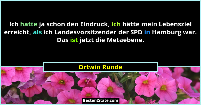 Ich hatte ja schon den Eindruck, ich hätte mein Lebensziel erreicht, als ich Landesvorsitzender der SPD in Hamburg war. Das ist jetzt d... - Ortwin Runde