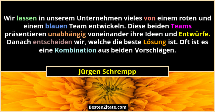 Wir lassen in unserem Unternehmen vieles von einem roten und einem blauen Team entwickeln. Diese beiden Teams präsentieren unabhängi... - Jürgen Schrempp