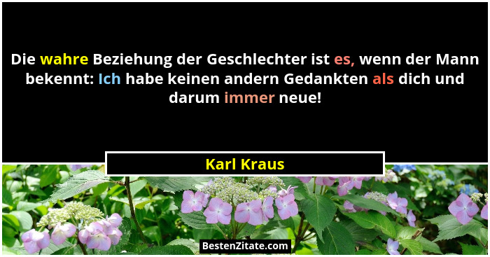 Die wahre Beziehung der Geschlechter ist es, wenn der Mann bekennt: Ich habe keinen andern Gedankten als dich und darum immer neue!... - Karl Kraus