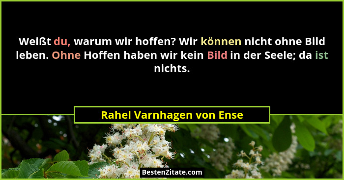 Weißt du, warum wir hoffen? Wir können nicht ohne Bild leben. Ohne Hoffen haben wir kein Bild in der Seele; da ist nichts.... - Rahel Varnhagen von Ense