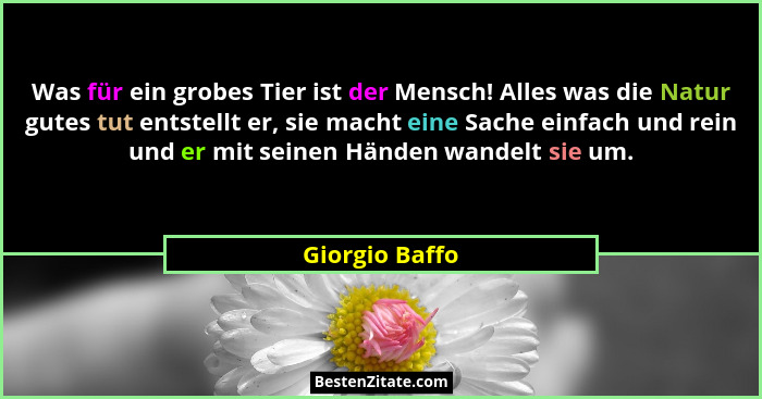 Was für ein grobes Tier ist der Mensch! Alles was die Natur gutes tut entstellt er, sie macht eine Sache einfach und rein und er mit s... - Giorgio Baffo