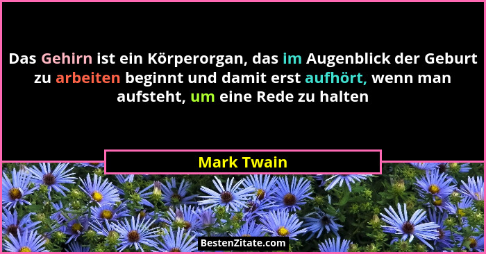 Das Gehirn ist ein Körperorgan, das im Augenblick der Geburt zu arbeiten beginnt und damit erst aufhört, wenn man aufsteht, um eine Rede... - Mark Twain