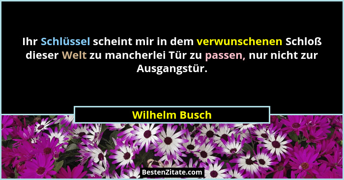 Ihr Schlüssel scheint mir in dem verwunschenen Schloß dieser Welt zu mancherlei Tür zu passen, nur nicht zur Ausgangstür.... - Wilhelm Busch
