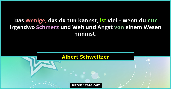 Das Wenige, das du tun kannst, ist viel – wenn du nur irgendwo Schmerz und Weh und Angst von einem Wesen nimmst.... - Albert Schweitzer