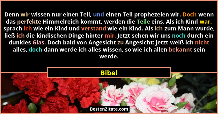 Denn wir wissen nur einen Teil, und einen Teil prophezeien wir. Doch wenn das perfekte Himmelreich kommt, werden die Teile eins. Als ich Kind... - Bibel
