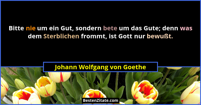 Bitte nie um ein Gut, sondern bete um das Gute; denn was dem Sterblichen frommt, ist Gott nur bewußt.... - Johann Wolfgang von Goethe