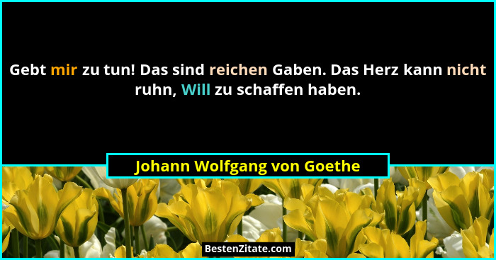 Gebt mir zu tun! Das sind reichen Gaben. Das Herz kann nicht ruhn, Will zu schaffen haben.... - Johann Wolfgang von Goethe