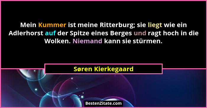 Mein Kummer ist meine Ritterburg; sie liegt wie ein Adlerhorst auf der Spitze eines Berges und ragt hoch in die Wolken. Niemand ka... - Søren Kierkegaard
