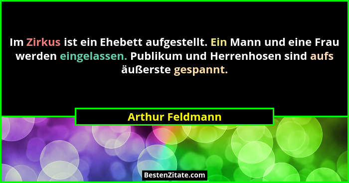 Im Zirkus ist ein Ehebett aufgestellt. Ein Mann und eine Frau werden eingelassen. Publikum und Herrenhosen sind aufs äußerste gespan... - Arthur Feldmann