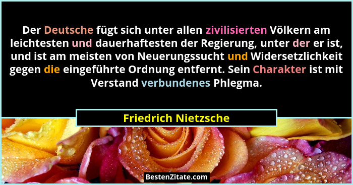 Der Deutsche fügt sich unter allen zivilisierten Völkern am leichtesten und dauerhaftesten der Regierung, unter der er ist, und... - Friedrich Nietzsche