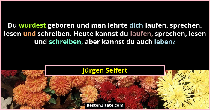 Du wurdest geboren und man lehrte dich laufen, sprechen, lesen und schreiben. Heute kannst du laufen, sprechen, lesen und schreiben,... - Jürgen Seifert