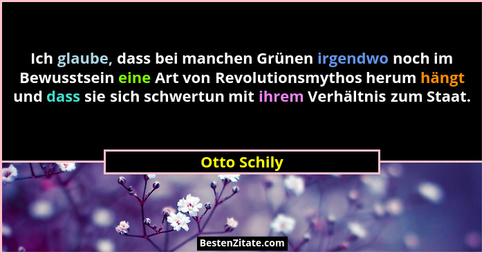 Ich glaube, dass bei manchen Grünen irgendwo noch im Bewusstsein eine Art von Revolutionsmythos herum hängt und dass sie sich schwertun... - Otto Schily