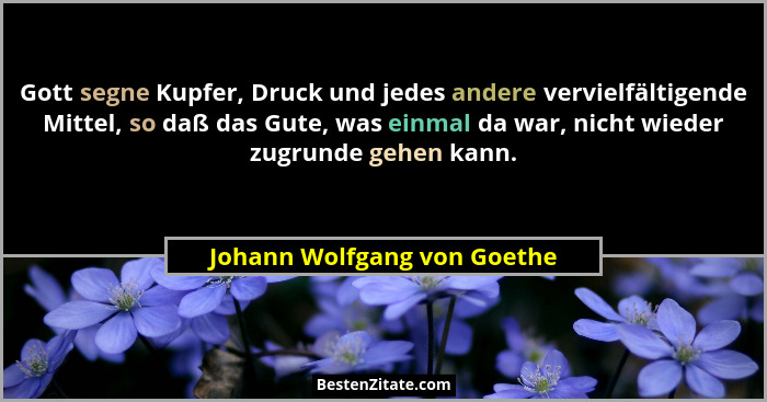 Gott segne Kupfer, Druck und jedes andere vervielfältigende Mittel, so daß das Gute, was einmal da war, nicht wieder zugr... - Johann Wolfgang von Goethe