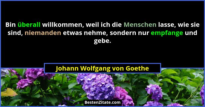 Bin überall willkommen, weil ich die Menschen lasse, wie sie sind, niemanden etwas nehme, sondern nur empfange und gebe.... - Johann Wolfgang von Goethe