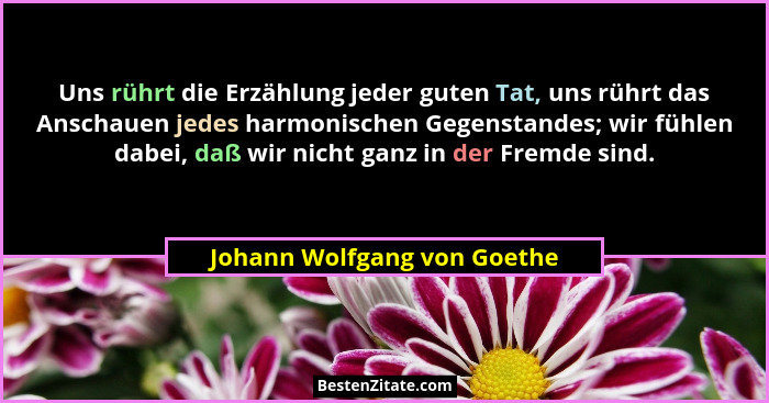 Uns rührt die Erzählung jeder guten Tat, uns rührt das Anschauen jedes harmonischen Gegenstandes; wir fühlen dabei, daß w... - Johann Wolfgang von Goethe
