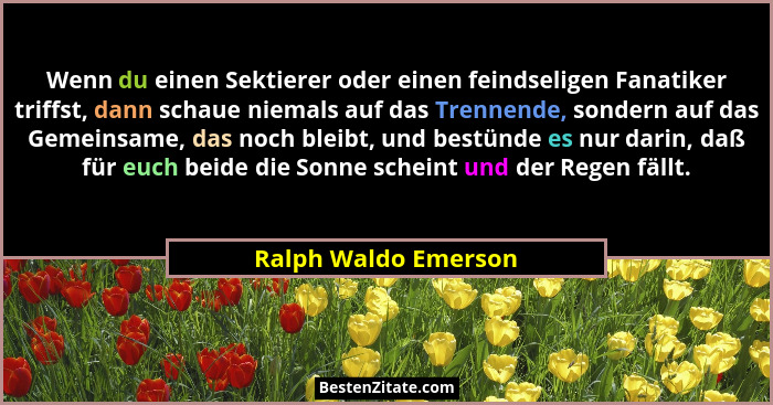 Wenn du einen Sektierer oder einen feindseligen Fanatiker triffst, dann schaue niemals auf das Trennende, sondern auf das Gemein... - Ralph Waldo Emerson