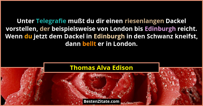 Unter Telegrafie mußt du dir einen riesenlangen Dackel vorstellen, der beispielsweise von London bis Edinburgh reicht. Wenn du je... - Thomas Alva Edison
