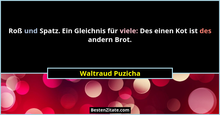 Roß und Spatz. Ein Gleichnis für viele: Des einen Kot ist des andern Brot.... - Waltraud Puzicha