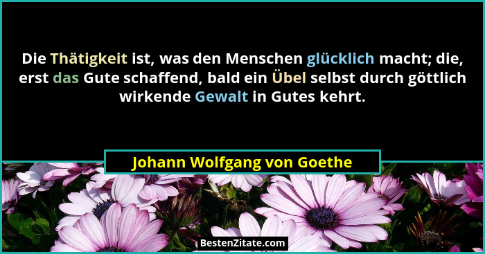 Die Thätigkeit ist, was den Menschen glücklich macht; die, erst das Gute schaffend, bald ein Übel selbst durch göttlich w... - Johann Wolfgang von Goethe