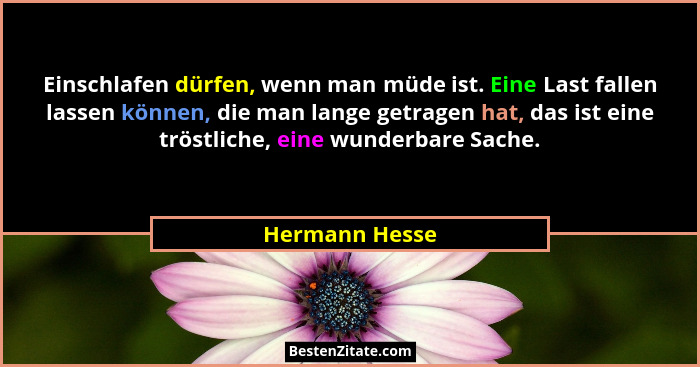 Einschlafen dürfen, wenn man müde ist. Eine Last fallen lassen können, die man lange getragen hat, das ist eine tröstliche, eine wunde... - Hermann Hesse