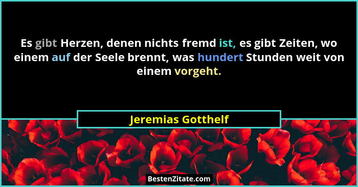 Es gibt Herzen, denen nichts fremd ist, es gibt Zeiten, wo einem auf der Seele brennt, was hundert Stunden weit von einem vorgeht.... - Jeremias Gotthelf