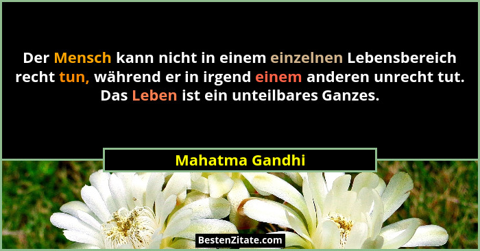 Der Mensch kann nicht in einem einzelnen Lebensbereich recht tun, während er in irgend einem anderen unrecht tut. Das Leben ist ein u... - Mahatma Gandhi