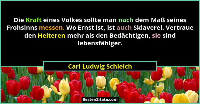 Die Kraft eines Volkes sollte man nach dem Maß seines Frohsinns messen. Wo Ernst ist, ist auch Sklaverei. Vertraue den Heiteren... - Carl Ludwig Schleich