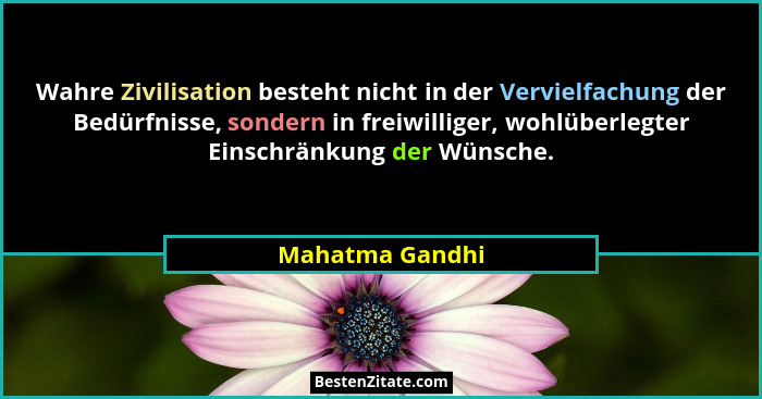 Wahre Zivilisation besteht nicht in der Vervielfachung der Bedürfnisse, sondern in freiwilliger, wohlüberlegter Einschränkung der Wün... - Mahatma Gandhi