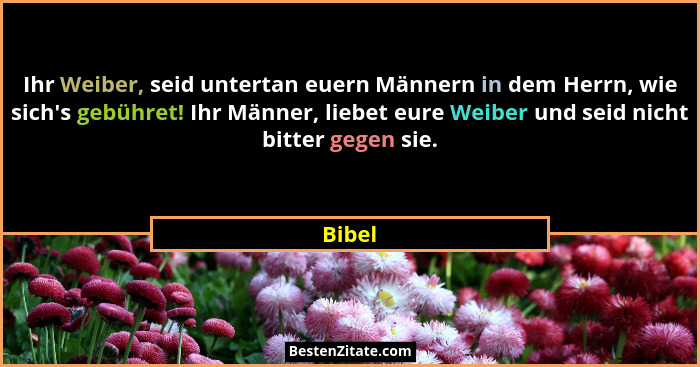 Ihr Weiber, seid untertan euern Männern in dem Herrn, wie sich's gebühret! Ihr Männer, liebet eure Weiber und seid nicht bitter gegen sie.... - Bibel