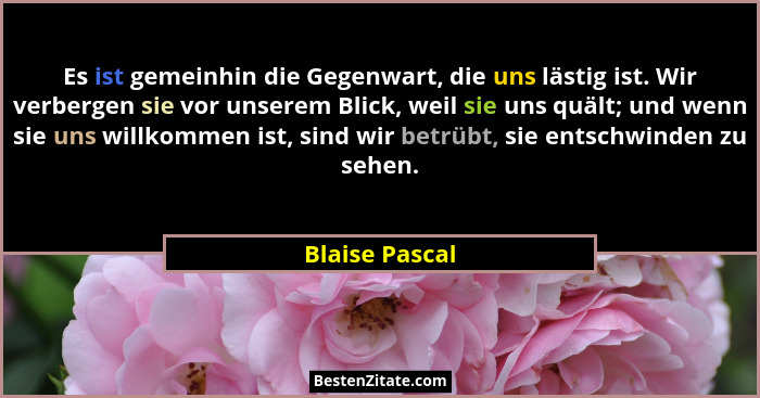 Es ist gemeinhin die Gegenwart, die uns lästig ist. Wir verbergen sie vor unserem Blick, weil sie uns quält; und wenn sie uns willkomm... - Blaise Pascal