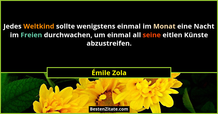 Jedes Weltkind sollte wenigstens einmal im Monat eine Nacht im Freien durchwachen, um einmal all seine eitlen Künste abzustreifen.... - Émile Zola