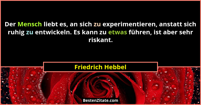 Der Mensch liebt es, an sich zu experimentieren, anstatt sich ruhig zu entwickeln. Es kann zu etwas führen, ist aber sehr riskant.... - Friedrich Hebbel