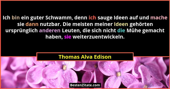 Ich bin ein guter Schwamm, denn ich sauge Ideen auf und mache sie dann nutzbar. Die meisten meiner Ideen gehörten ursprünglich an... - Thomas Alva Edison