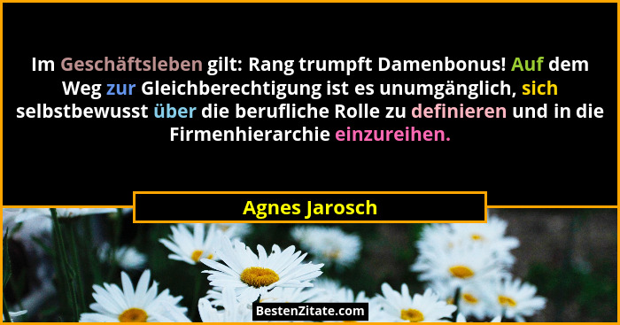 Im Geschäftsleben gilt: Rang trumpft Damenbonus! Auf dem Weg zur Gleichberechtigung ist es unumgänglich, sich selbstbewusst über die b... - Agnes Jarosch