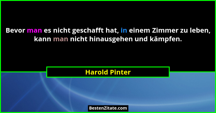 Bevor man es nicht geschafft hat, in einem Zimmer zu leben, kann man nicht hinausgehen und kämpfen.... - Harold Pinter