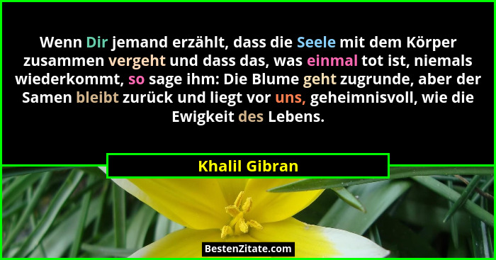Wenn Dir jemand erzählt, dass die Seele mit dem Körper zusammen vergeht und dass das, was einmal tot ist, niemals wiederkommt, so sage... - Khalil Gibran