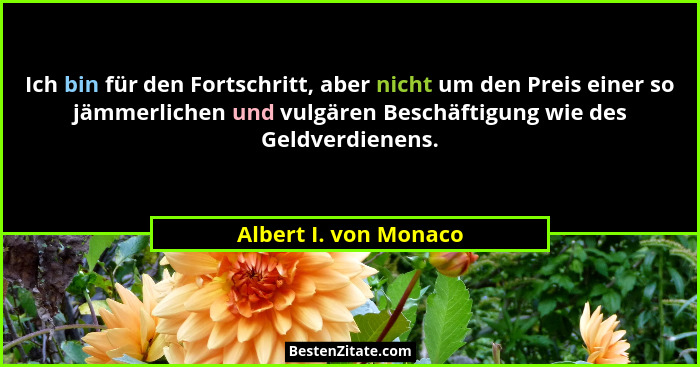 Ich bin für den Fortschritt, aber nicht um den Preis einer so jämmerlichen und vulgären Beschäftigung wie des Geldverdienens.... - Albert I. von Monaco