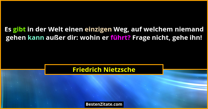 Es gibt in der Welt einen einzigen Weg, auf welchem niemand gehen kann außer dir: wohin er führt? Frage nicht, gehe ihn!... - Friedrich Nietzsche