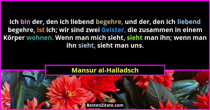 Ich bin der, den ich liebend begehre, und der, den ich liebend begehre, ist ich; wir sind zwei Geister, die zusammen in einem Kö... - Mansur al-Halladsch