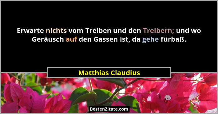Erwarte nichts vom Treiben und den Treibern; und wo Geräusch auf den Gassen ist, da gehe fürbaß.... - Matthias Claudius